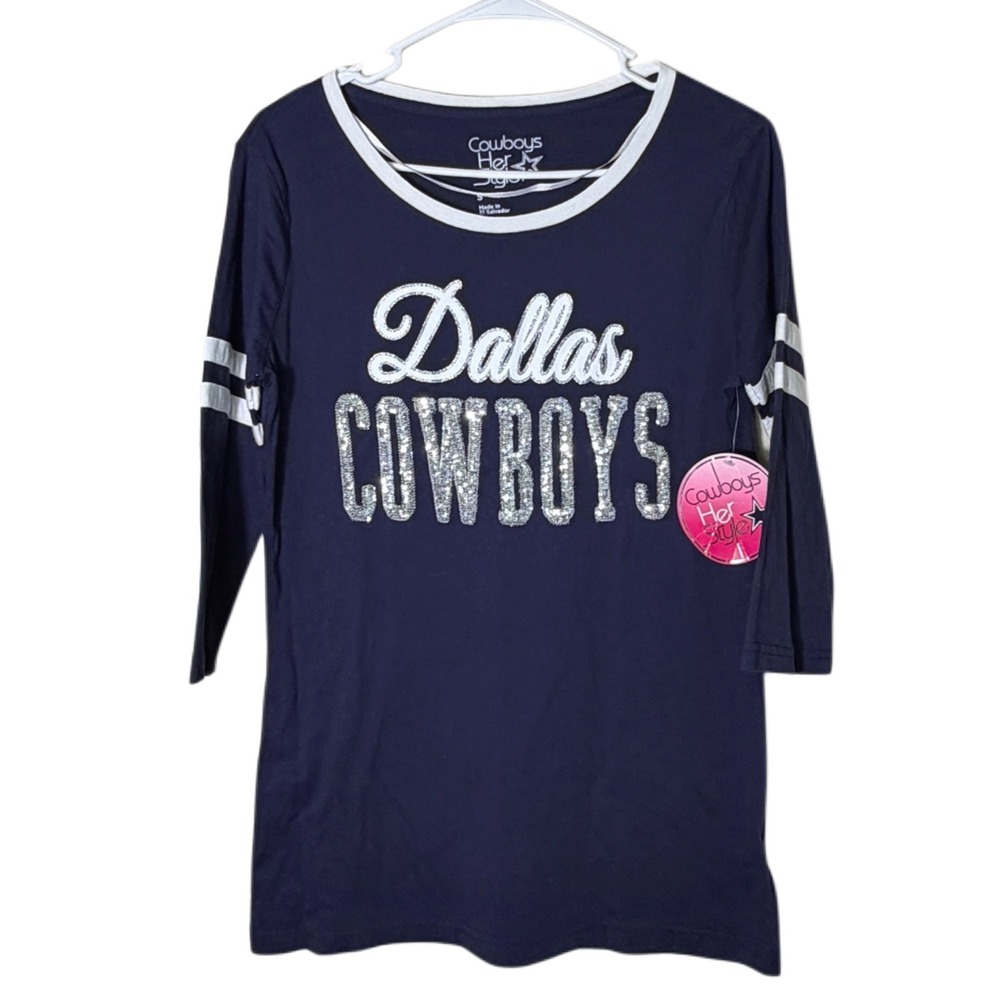 NWT Dallas Cowboys Her Style Shirt Women's Small Navy Glitter Long Sleeve NFL